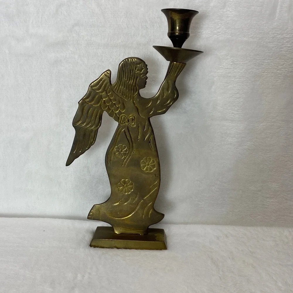 Vintage Brass Angel Candlestick Holder Religious Christmas Holiday Decor
